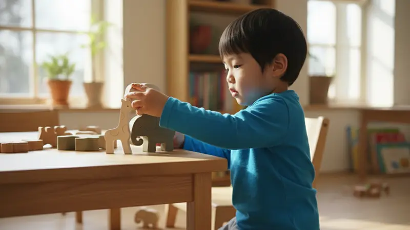 木のおもちゃで遊ぶ子ども